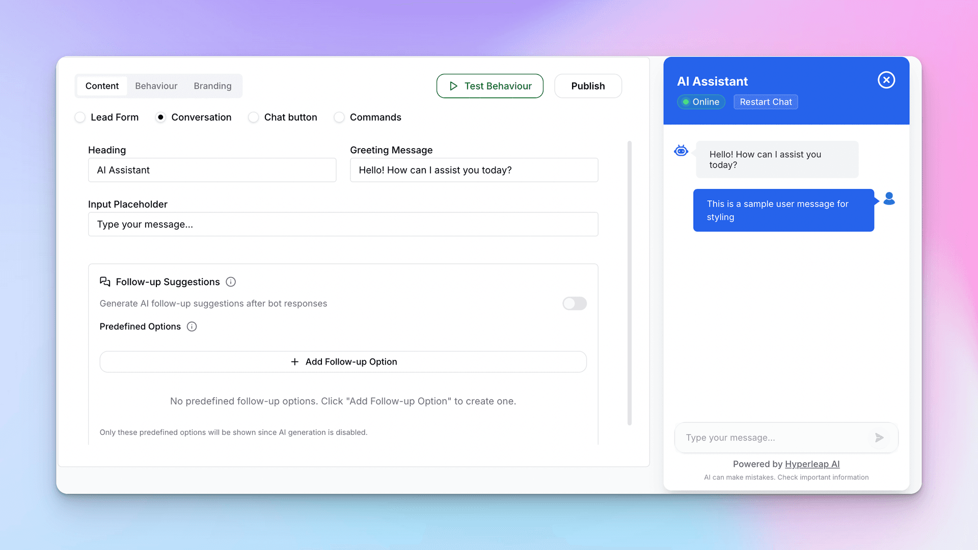 Conversation settings showing heading, greeting message, and follow-up suggestions