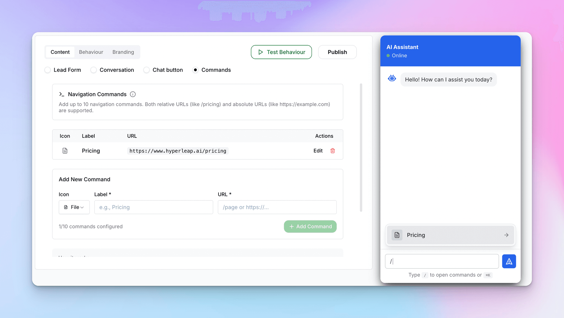 Navigation commands configuration showing URL shortcuts