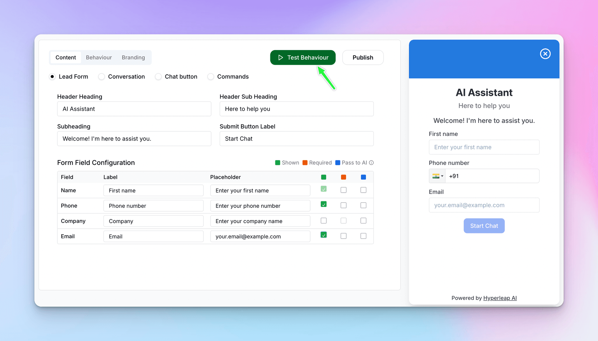 Content tab with Test Behaviour button highlighted