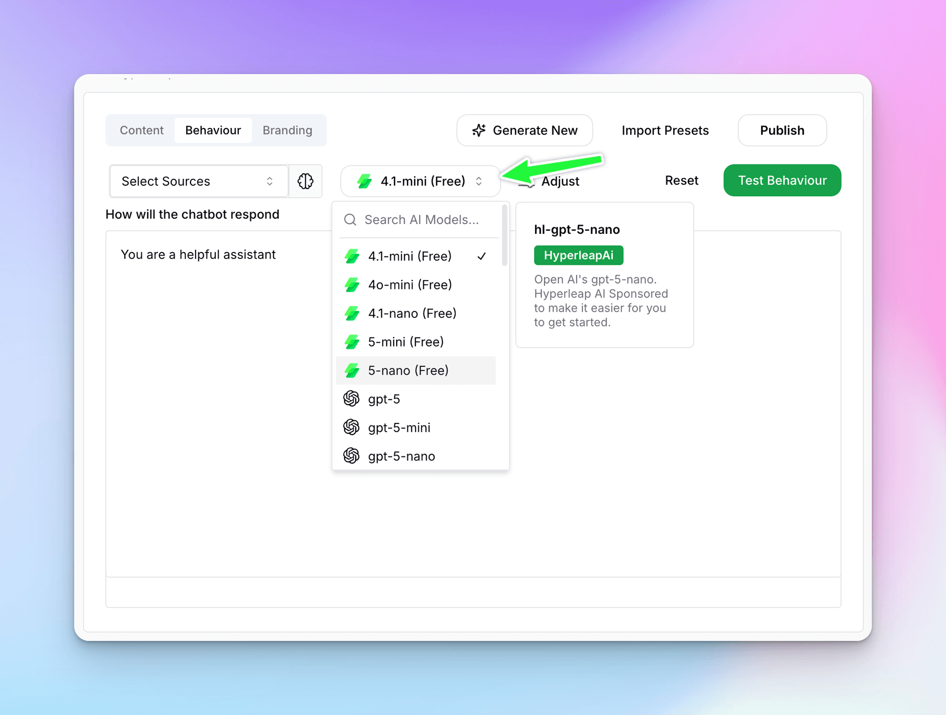 Model selection dropdown showing available AI models