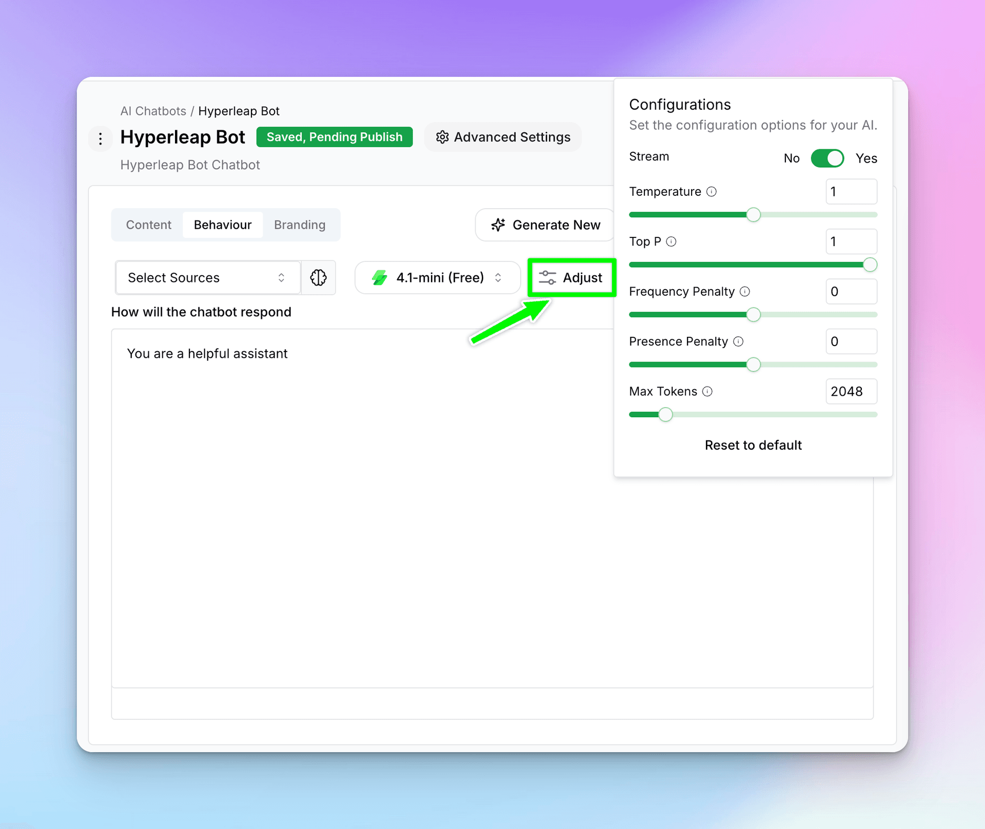 Adjust panel showing temperature, top P, and other AI parameters