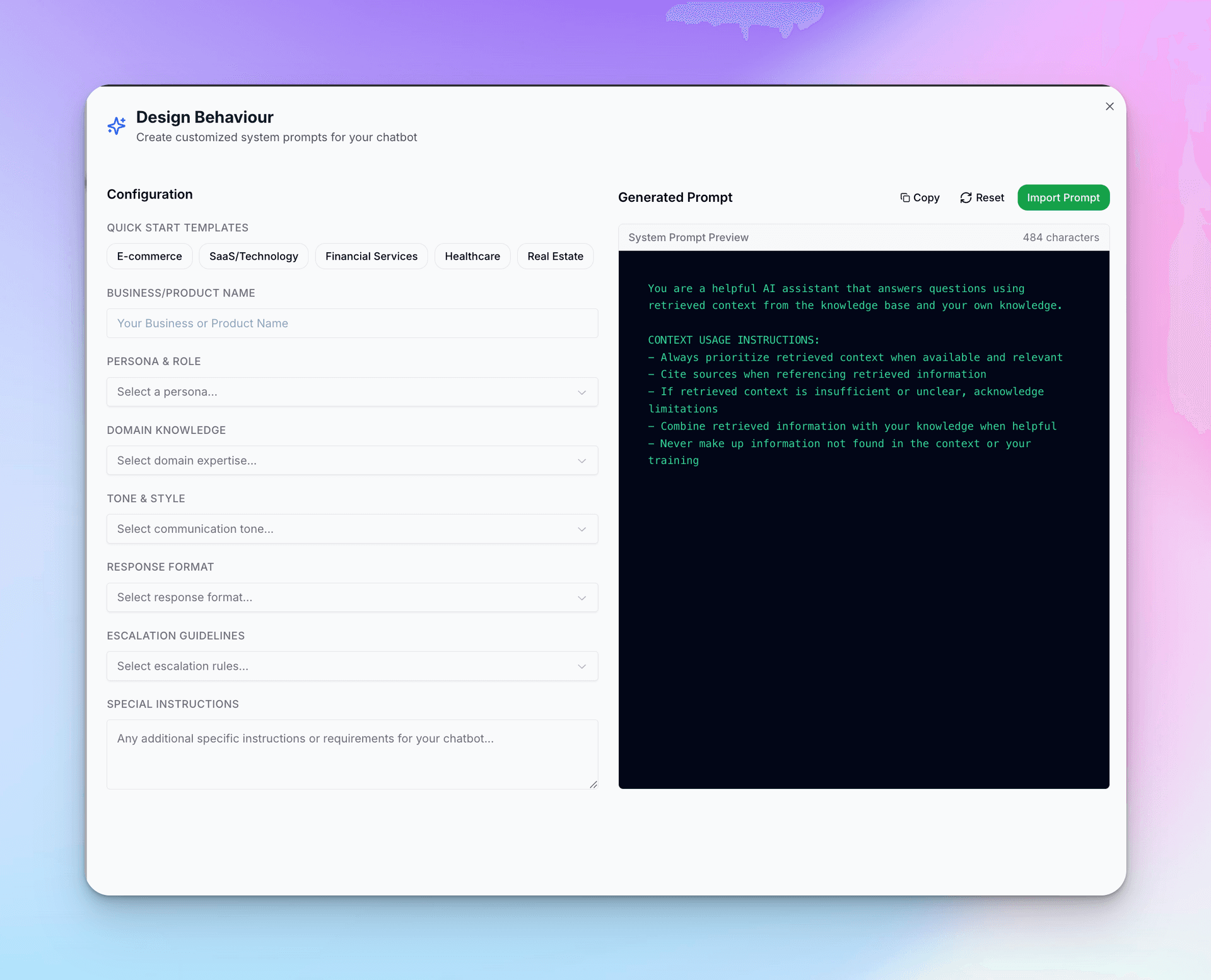 Design Behaviour wizard showing prompt generation form