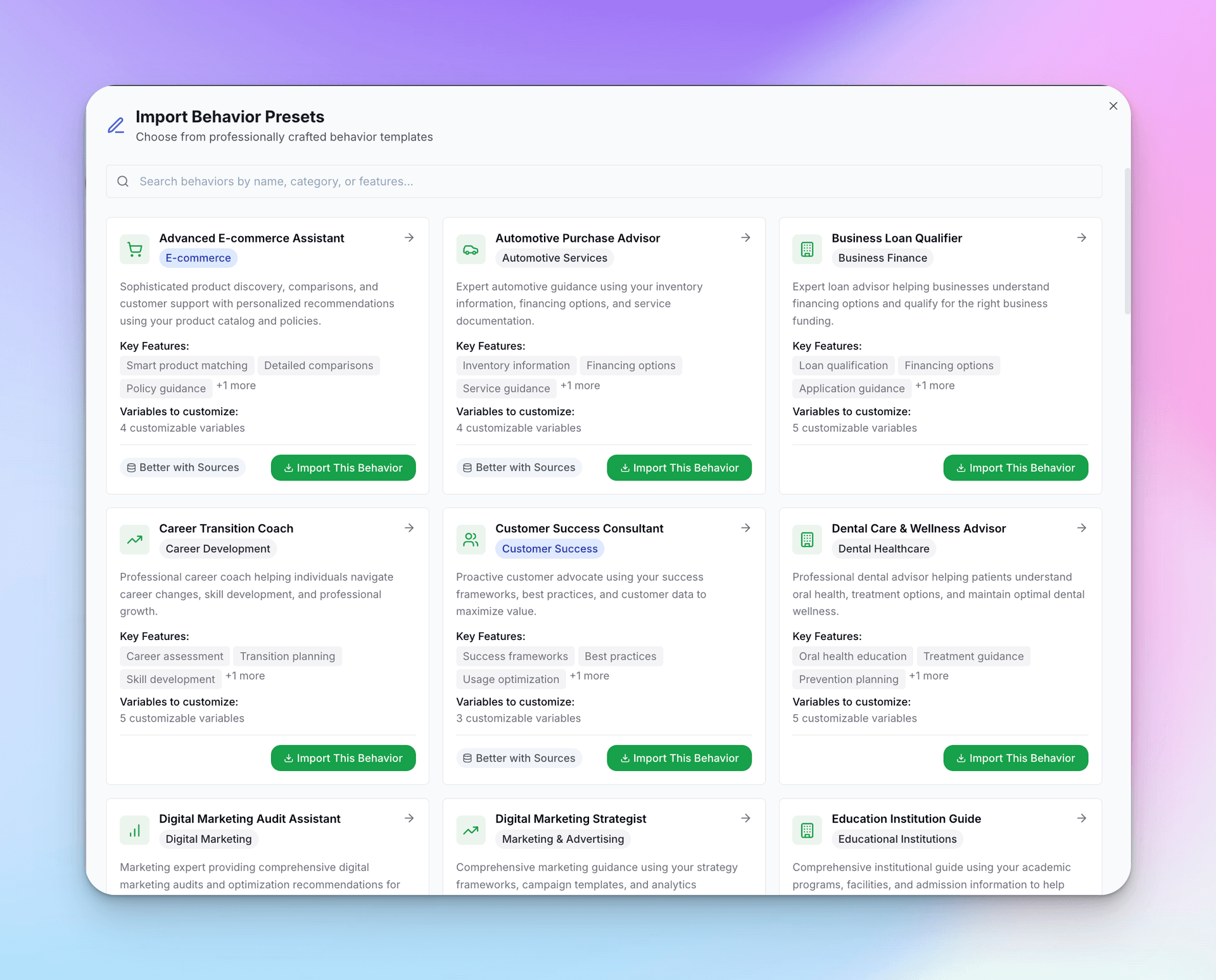 Import Behavior Presets modal showing industry-specific templates