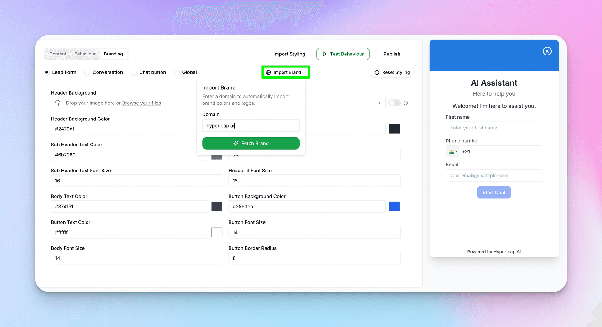 Import Brand popup showing domain input and Fetch Brand button