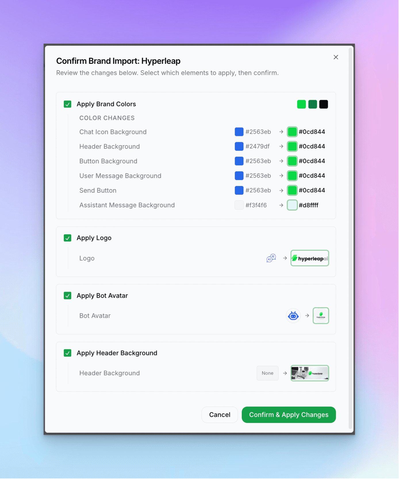Confirm Brand Import modal showing color and logo options
