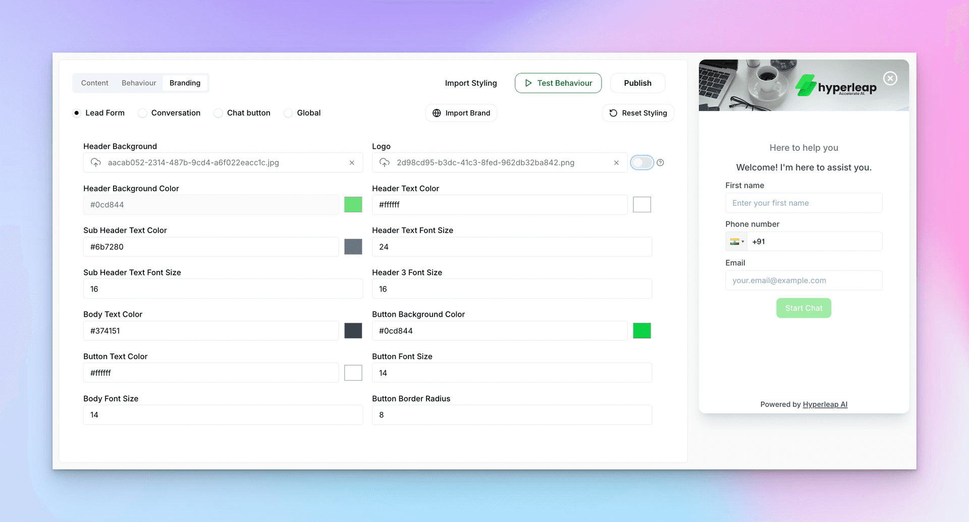 Branding tab showing all styling options after brand import