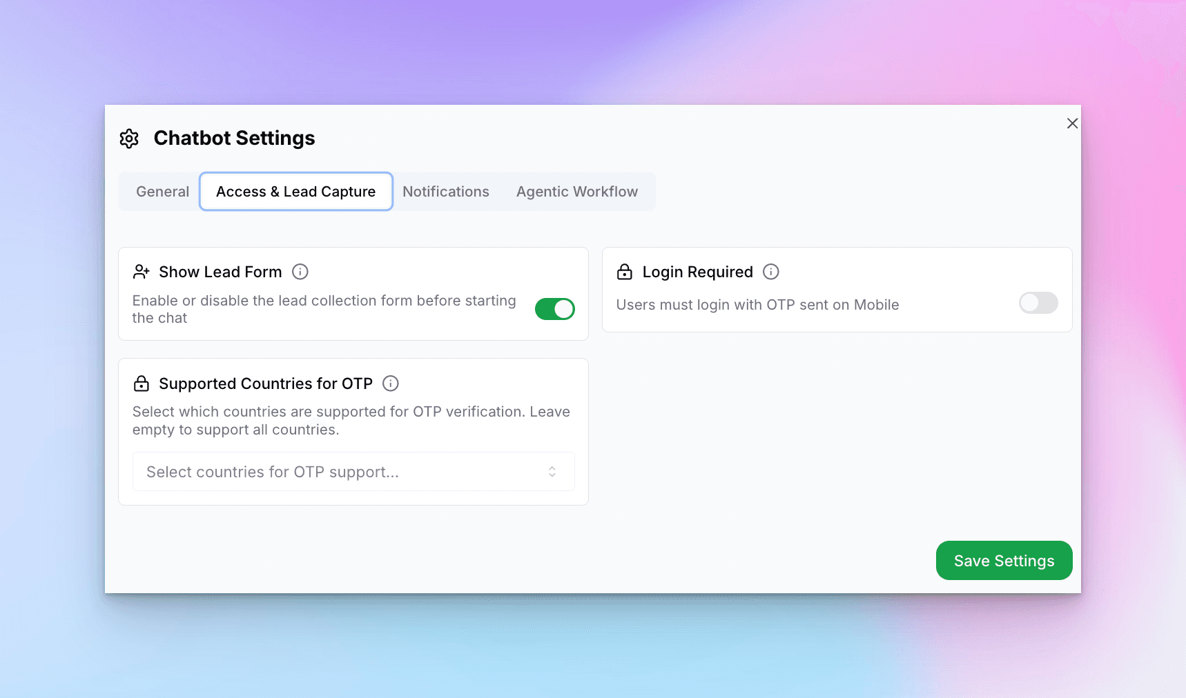 Advanced Settings Access & Lead Capture tab
