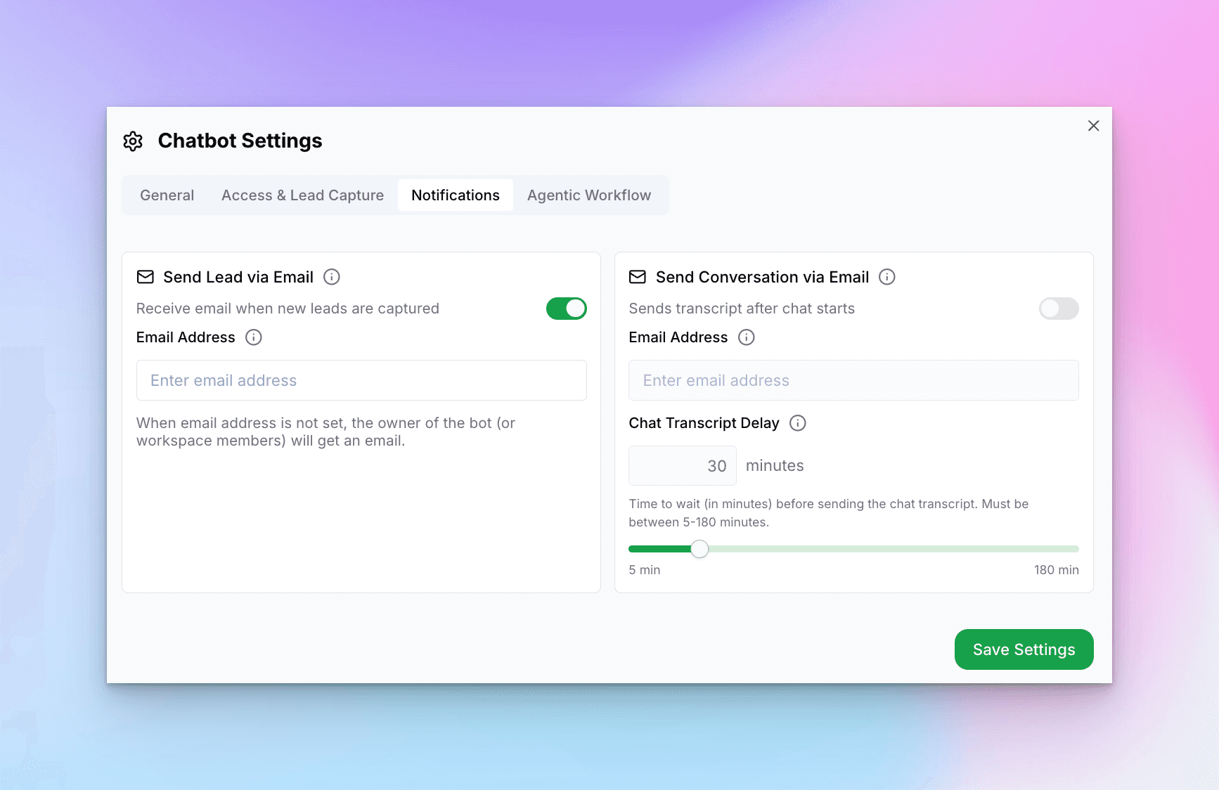 Advanced Settings Notifications tab showing email notification options