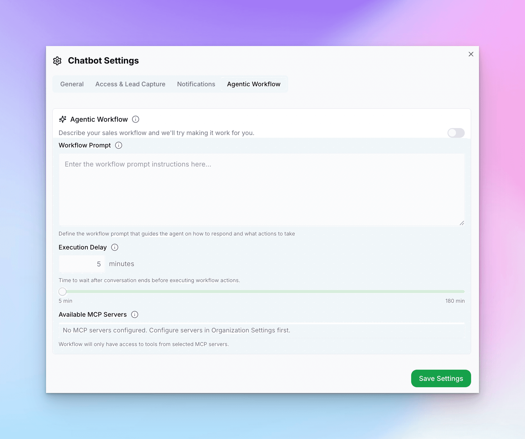 Advanced Settings Agentic Workflow tab