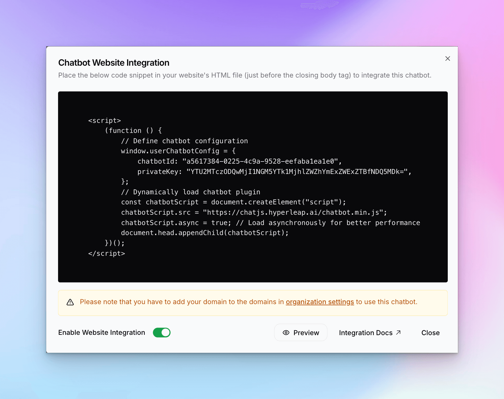 Website Integration dialog showing embed code