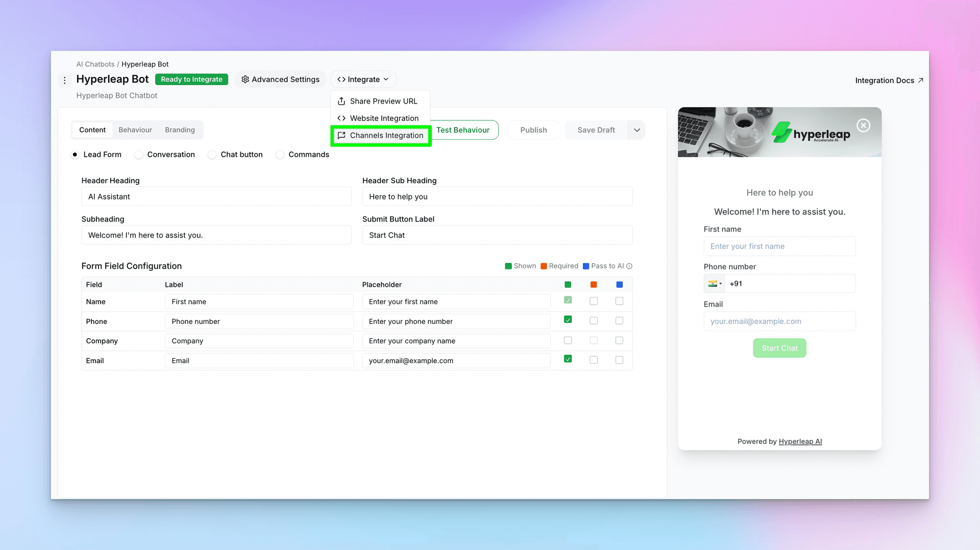 Integrate dropdown menu showing Channels Integration option