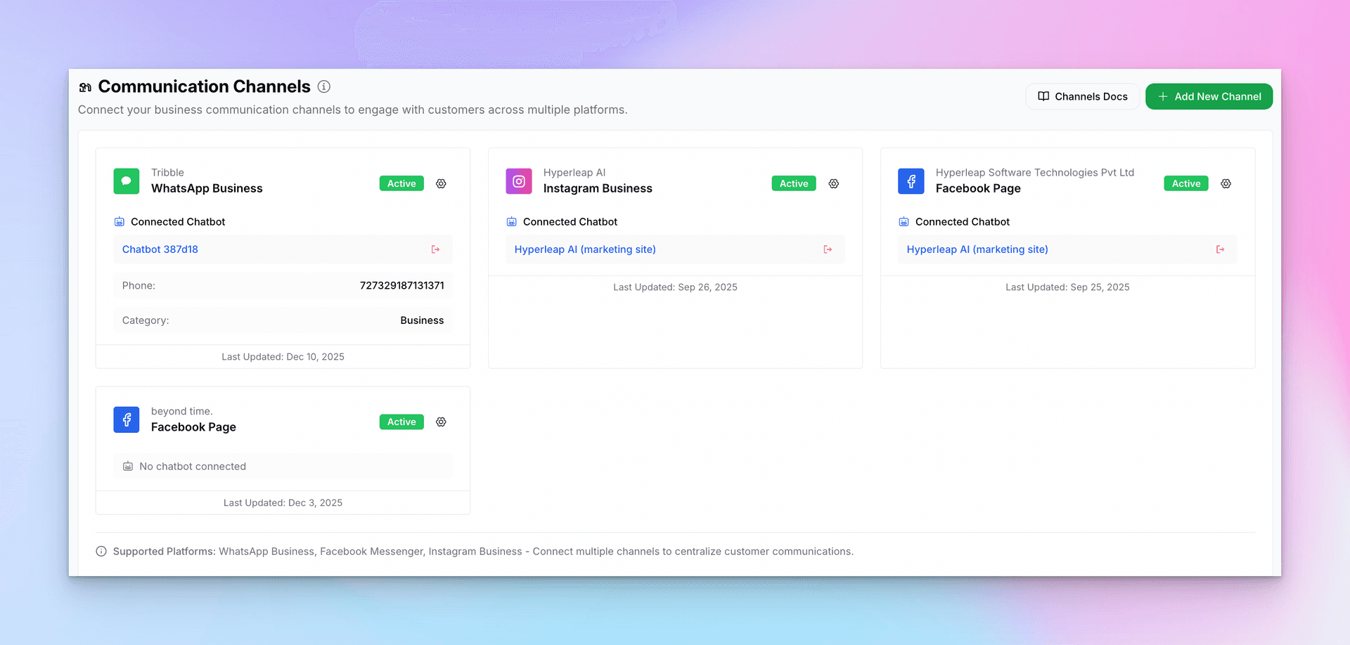 Communication Channels page showing connected platforms