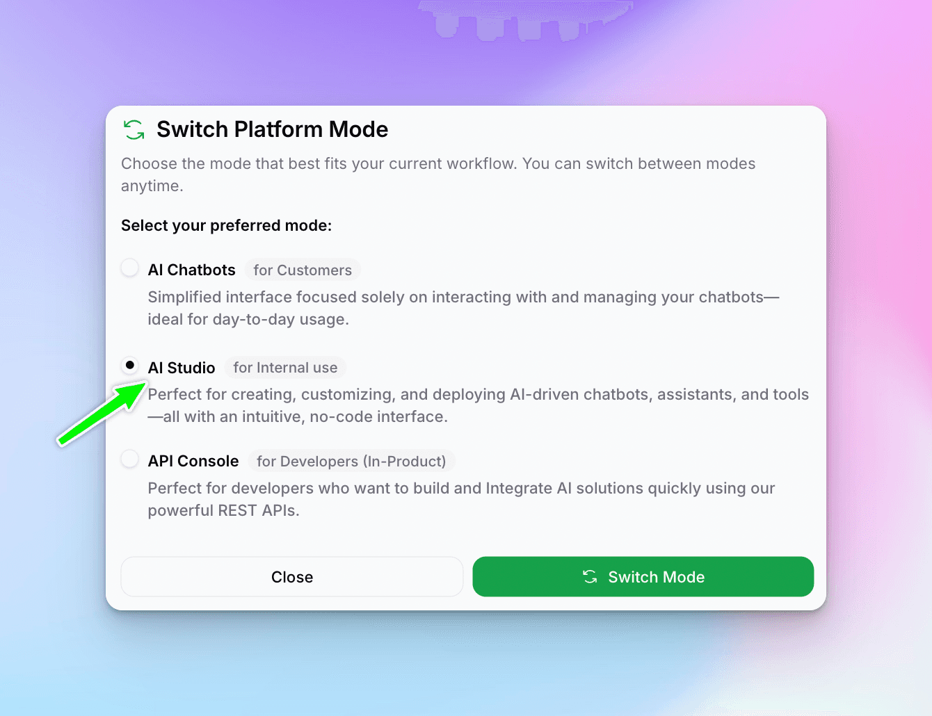 Platform mode switcher showing AI Chatbots, AI Studio, and API Console options