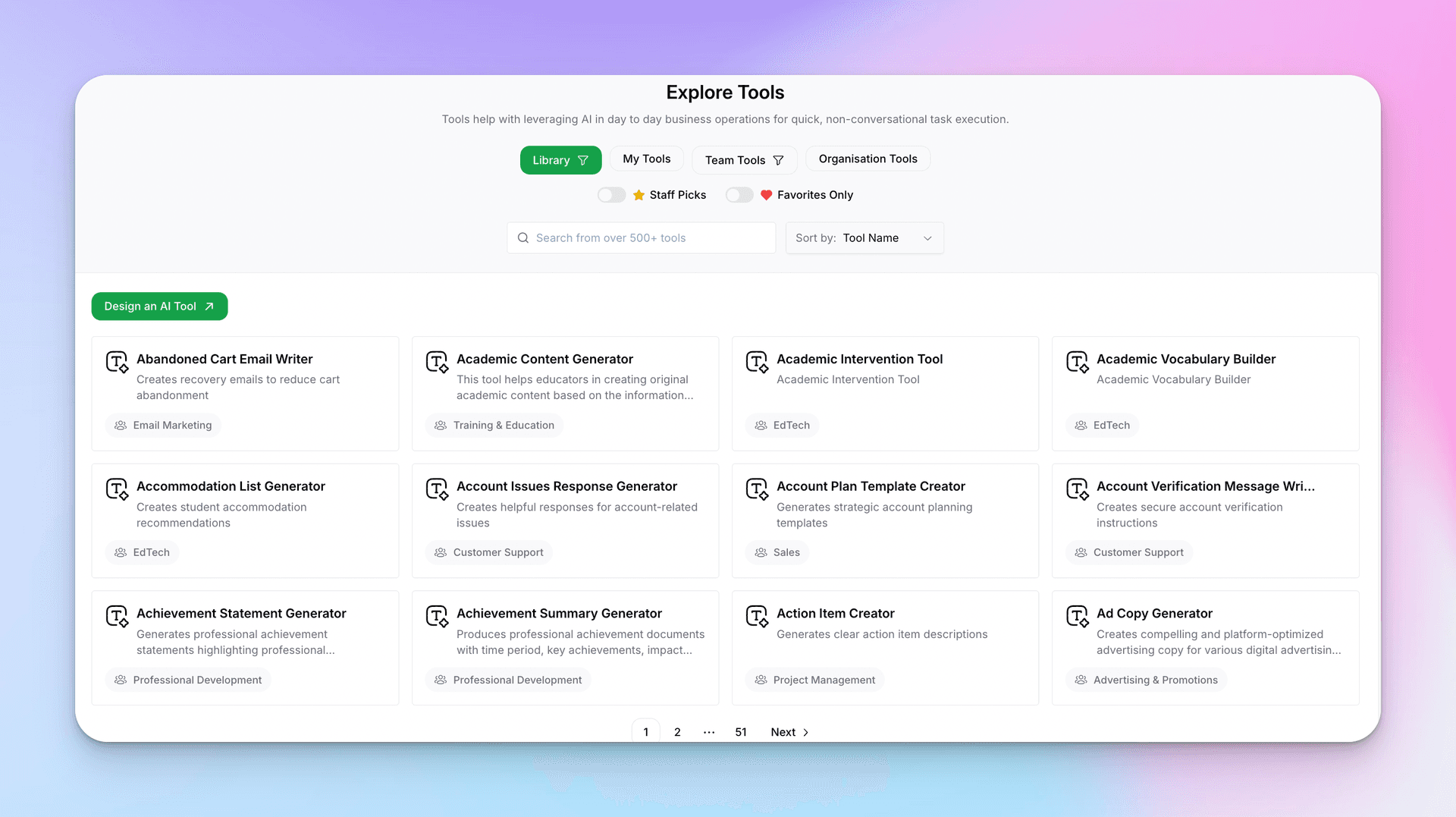 Explore Tools library showing available AI tools