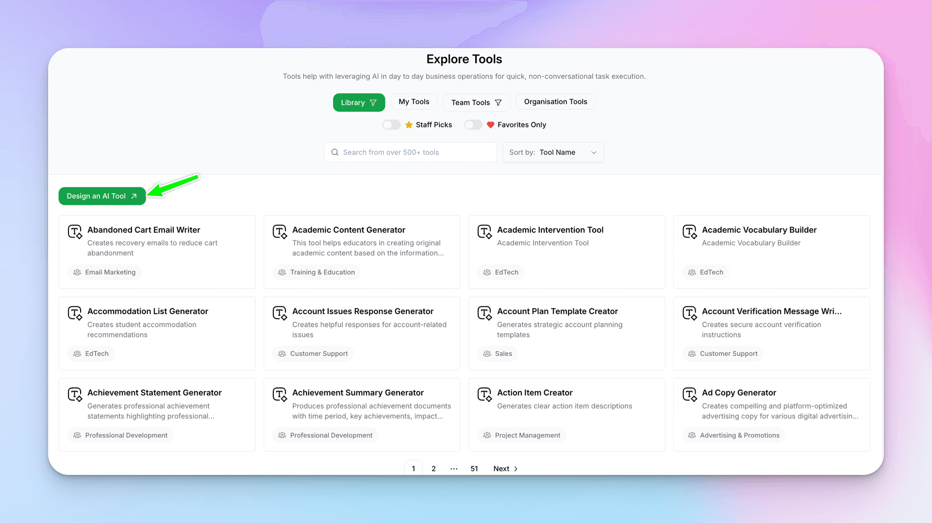 Explore Tools page with Design an AI Tool button highlighted