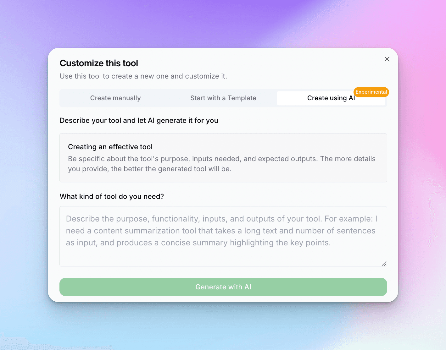 Create using AI tab with description field