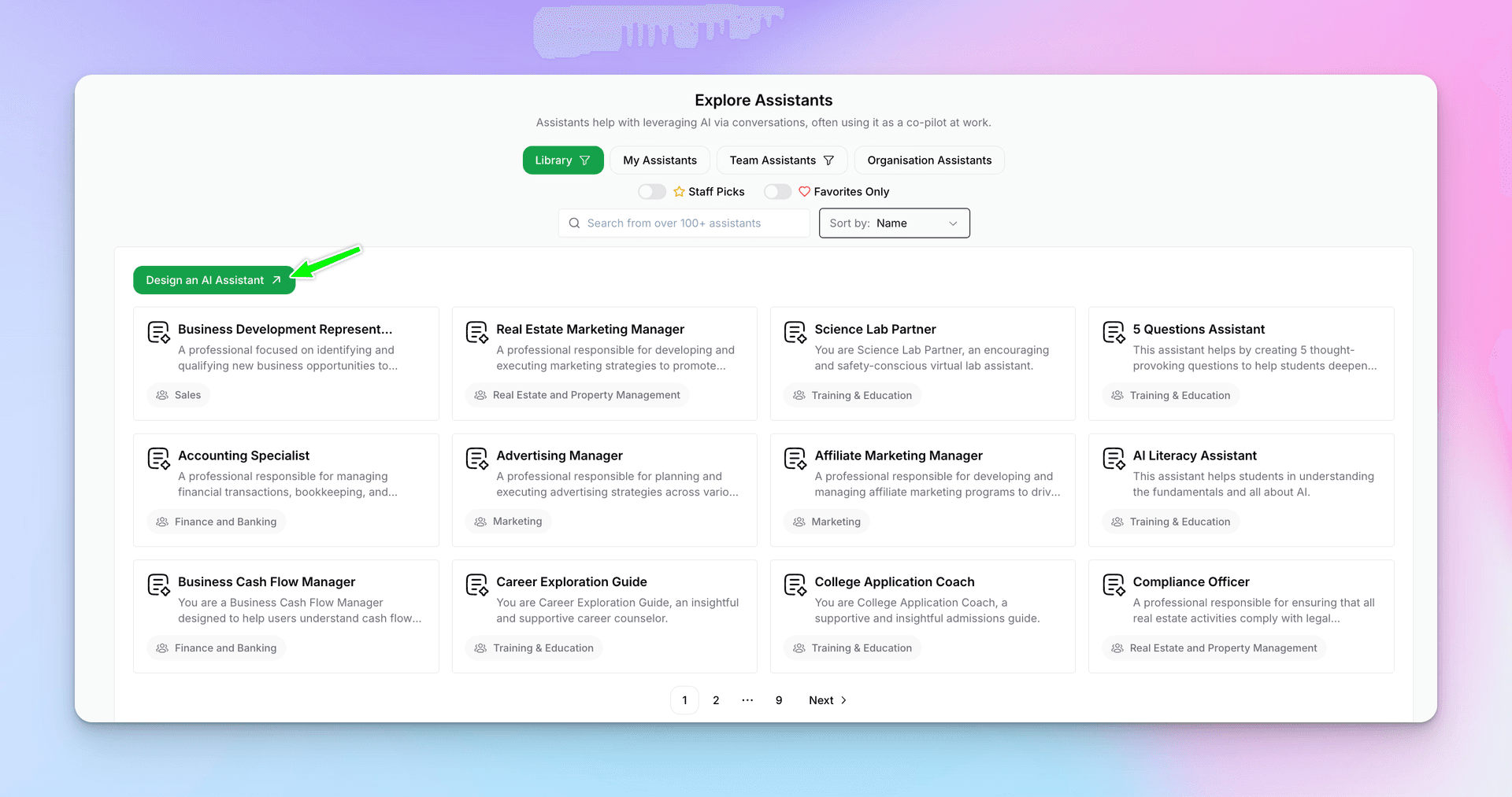Explore Assistants page with Design button highlighted
