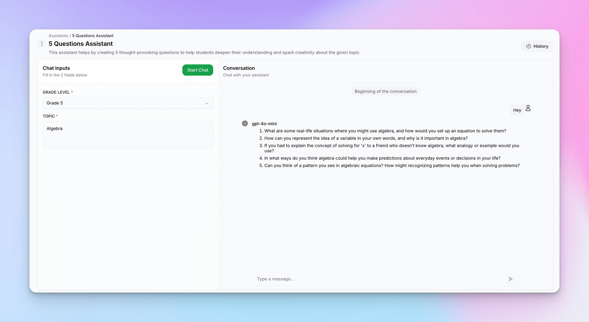 Assistant chat interface showing inputs and conversation