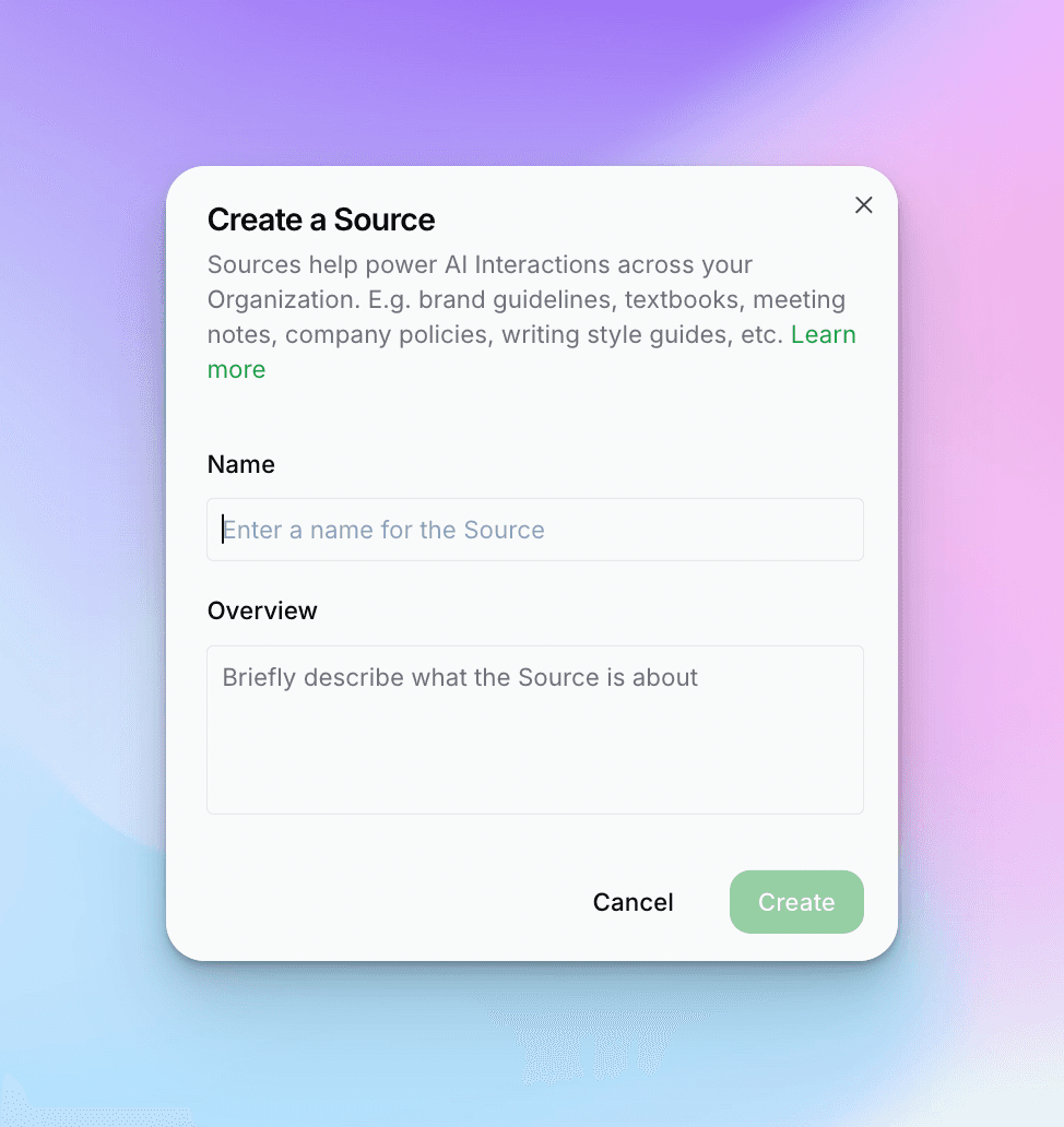 Create a Source modal with name and overview fields