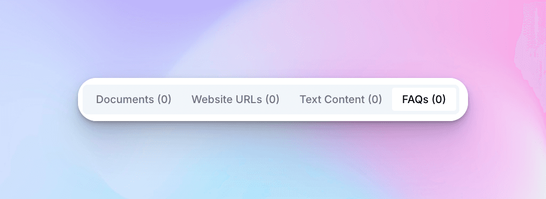 Source content tabs showing Documents, Website URLs, Text Content, and FAQs