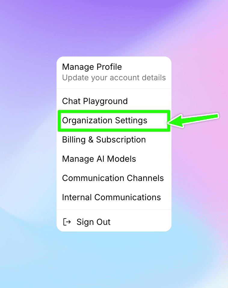 Profile dropdown menu with Organization Settings highlighted
