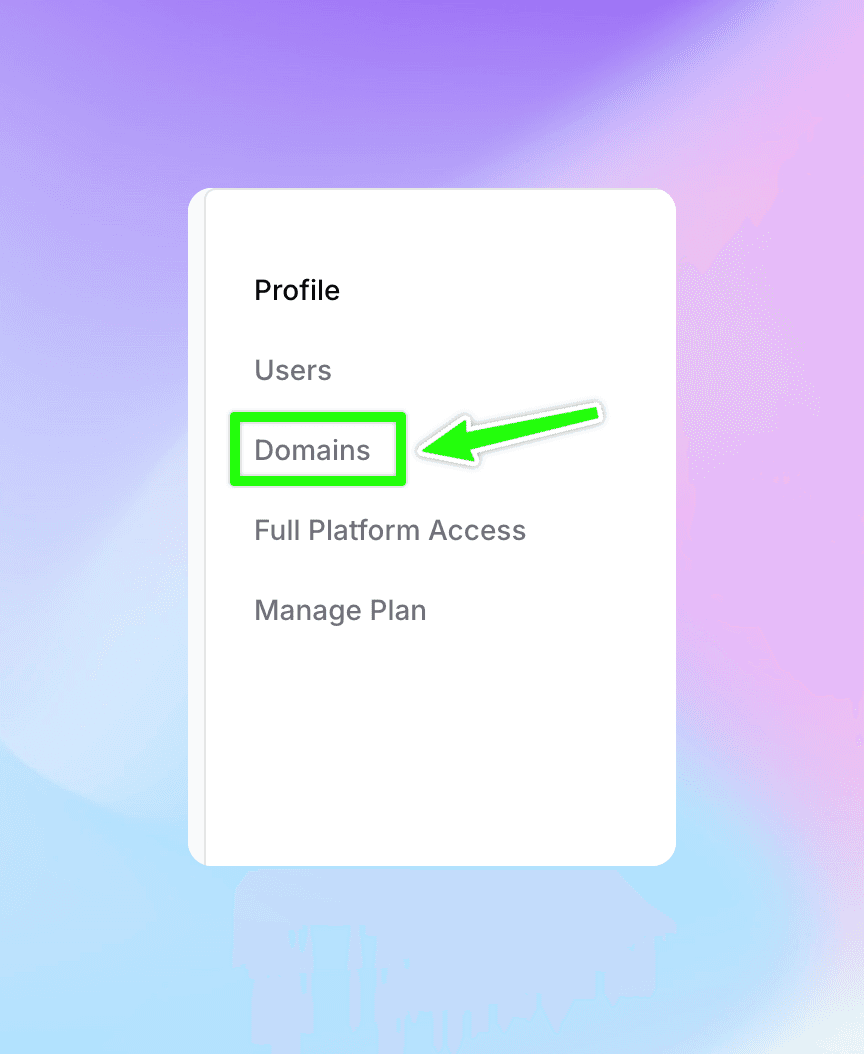 Organization Settings sidebar with Domains tab highlighted
