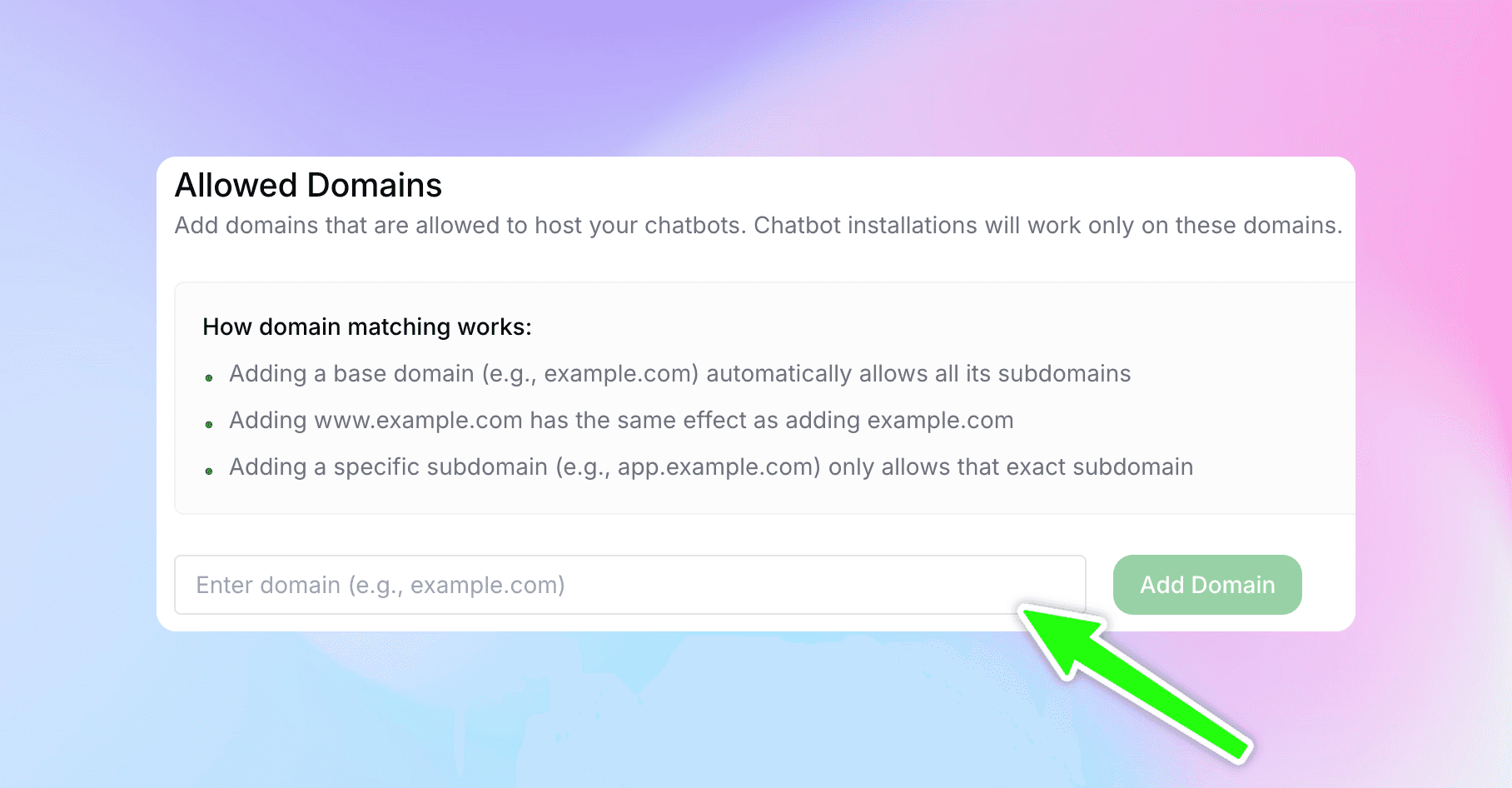 Allowed Domains page with domain input field and Add Domain button