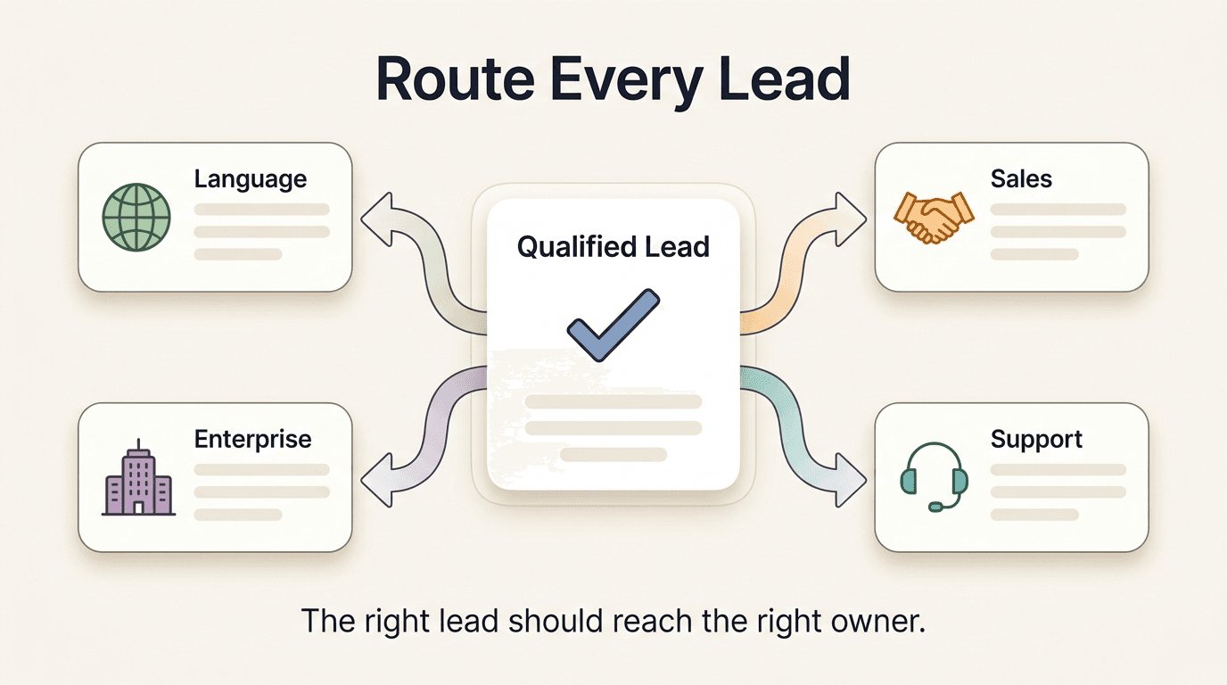 Qualified chatbot lead at center, routing branches spreading to four team destinations — Sales, Support, Enterprise, and Language Team — showing how one lead goes to the right team