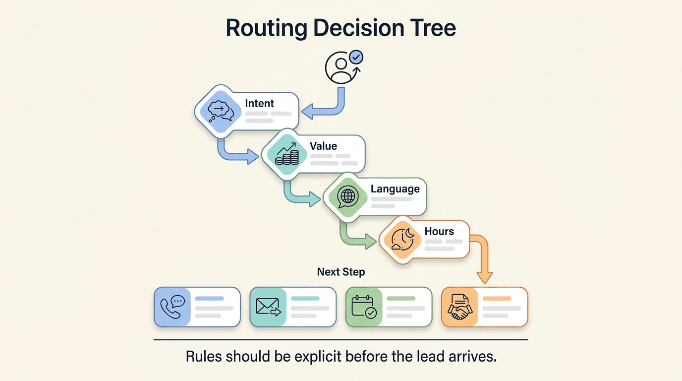 Decision tree: qualified lead enters at top, conditional branches check intent, value tier, language, and business hours, then route to four outcomes — assign rep, send booking link, language team, or notify queue