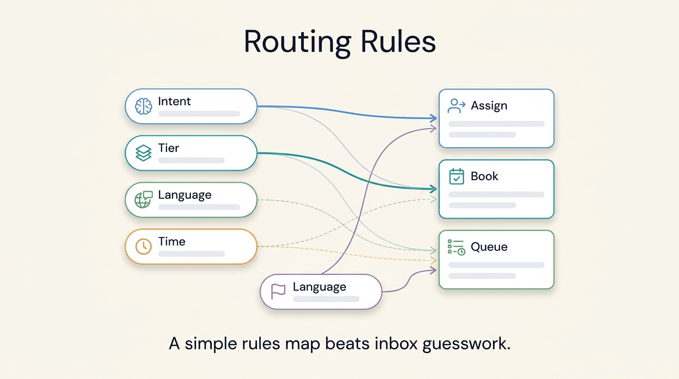 Routing rules matrix as a diagram: rows show routing criteria (intent, value tier, language, timezone, product line), columns show destination actions (assign rep, send booking link, escalate, queue), with active cells highlighted in green