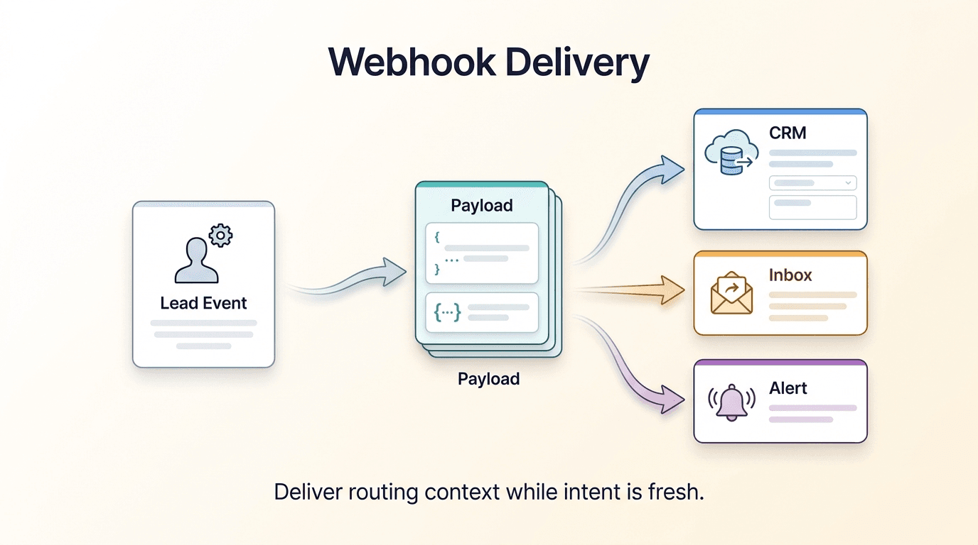 Data flow diagram: lead-created event fires a webhook payload with JSON fields — name, intent, value tier, language, channel — delivering simultaneously to CRM, team inbox, and notification tool with sub-second latency arrow