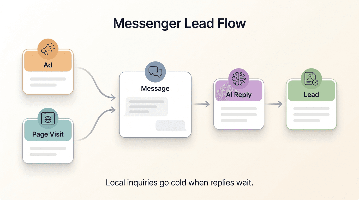 Messenger inquiry flow: Facebook ad and page visits generate Messenger inbound, but no response means leads go cold before follow-up