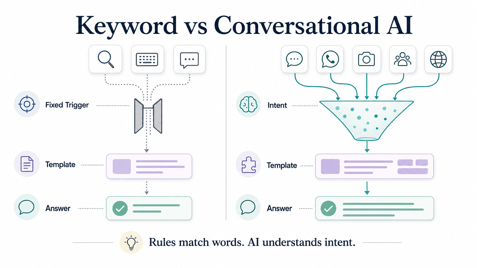 Side-by-side comparison: keyword chatbot with fixed triggers versus conversational AI with free-text intent understanding — showing where each approach works and its limit