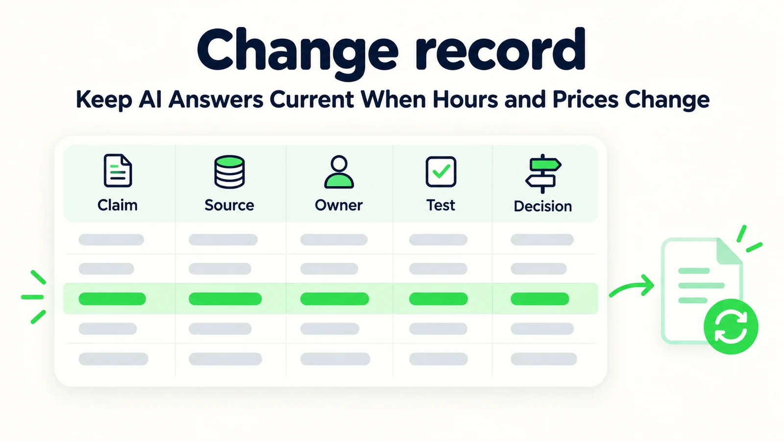 A change record links the claim, source, owner, test and approval decision.