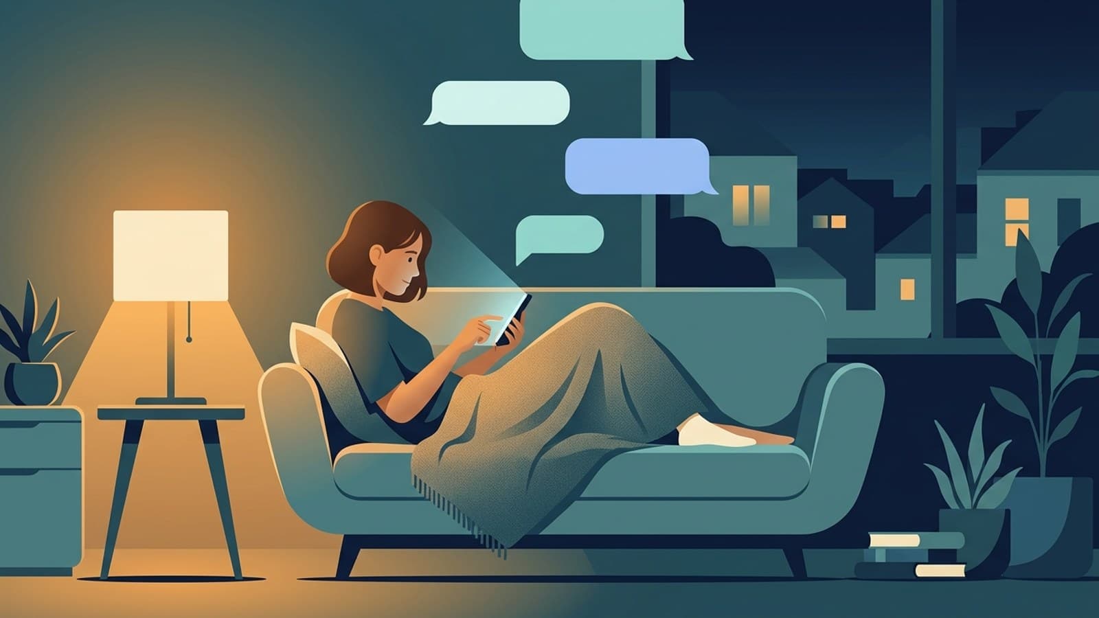 A warm, softly lit daycare front office in the evening, with a tablet showing a chat conversation