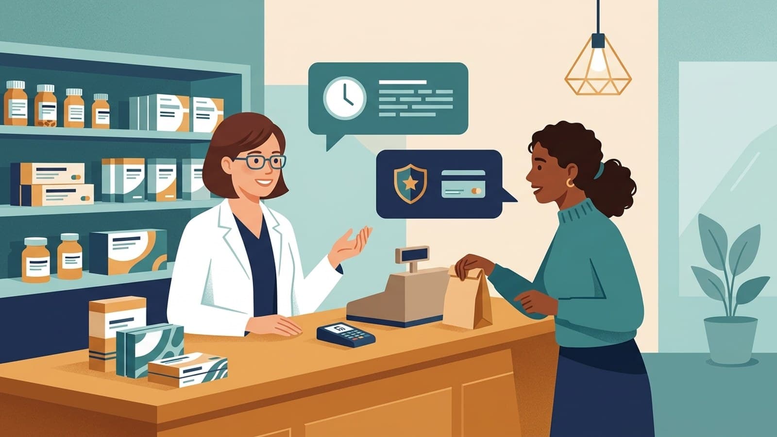 The non-clinical questions a pharmacy AI receptionist handles: hours, services, insurance, OTC categories, and delivery policy
