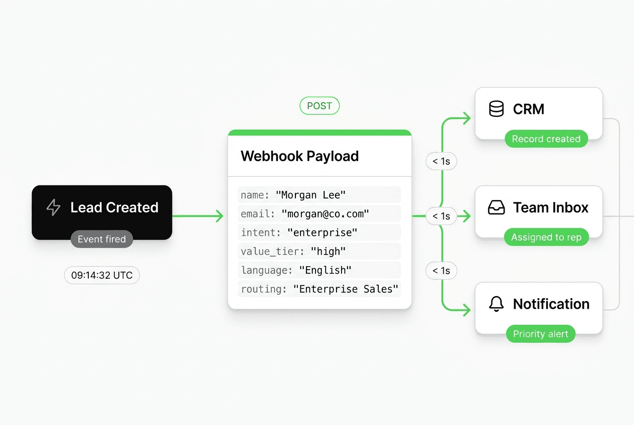 Data flow diagram: lead-created event fires a webhook payload with JSON fields — name, intent, value tier, language, channel — delivering simultaneously to CRM, team inbox, and notification tool with sub-second latency arrow