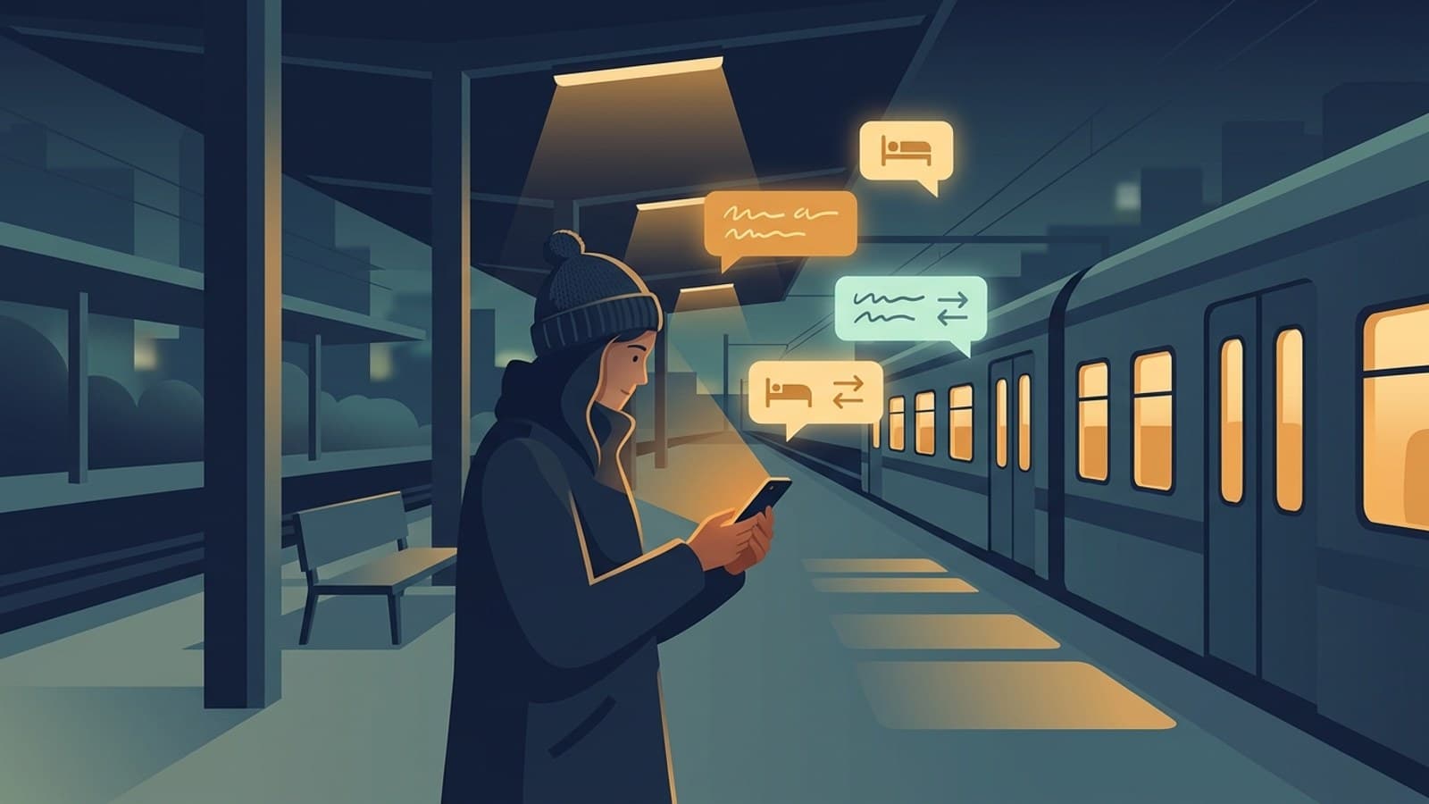 A traveler on a couch in the evening messaging on their phone, a soft speech-bubble motif above it