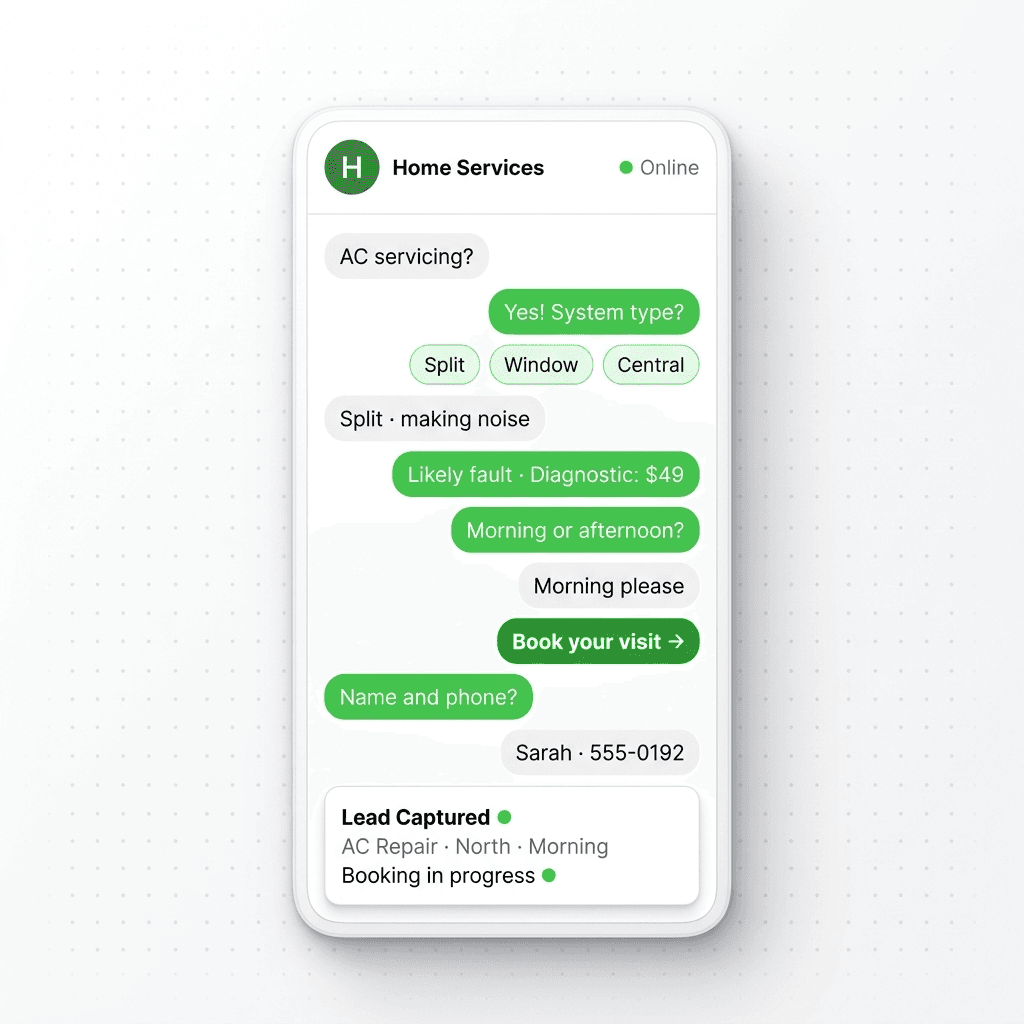 Messenger chat showing an AC servicing inquiry: FAQ answer, qualification, booking link shared, lead captured — local business example