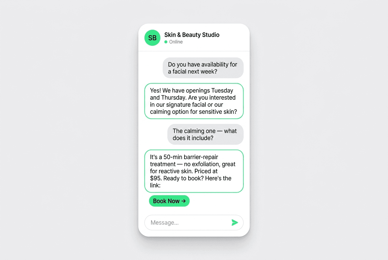 Instagram DM chatbot conversation: visitor asks about sensitive skin treatment, chatbot qualifies and shares booking link in a generic chat interface
