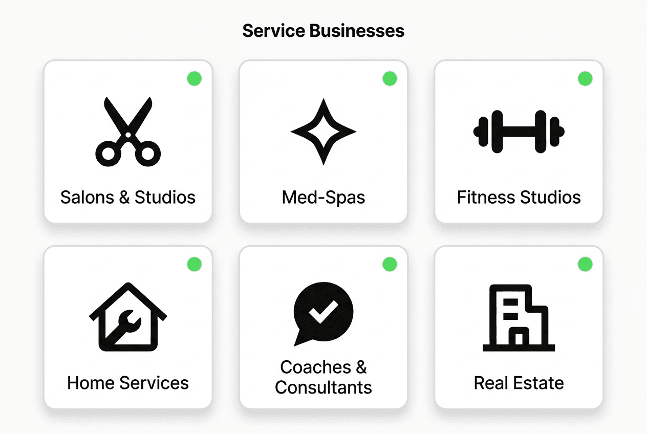 Icon grid of six service business types that benefit from Instagram DM chatbots: salons, med-spas, fitness studios, home services, coaches, real estate