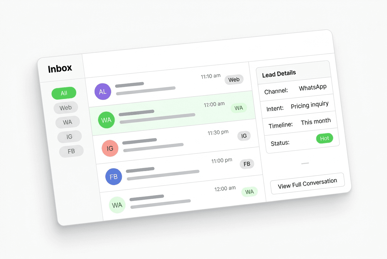 Unified inbox panel showing conversations tagged Web, WA, IG, and FB — one lead view with channel context across all four channels