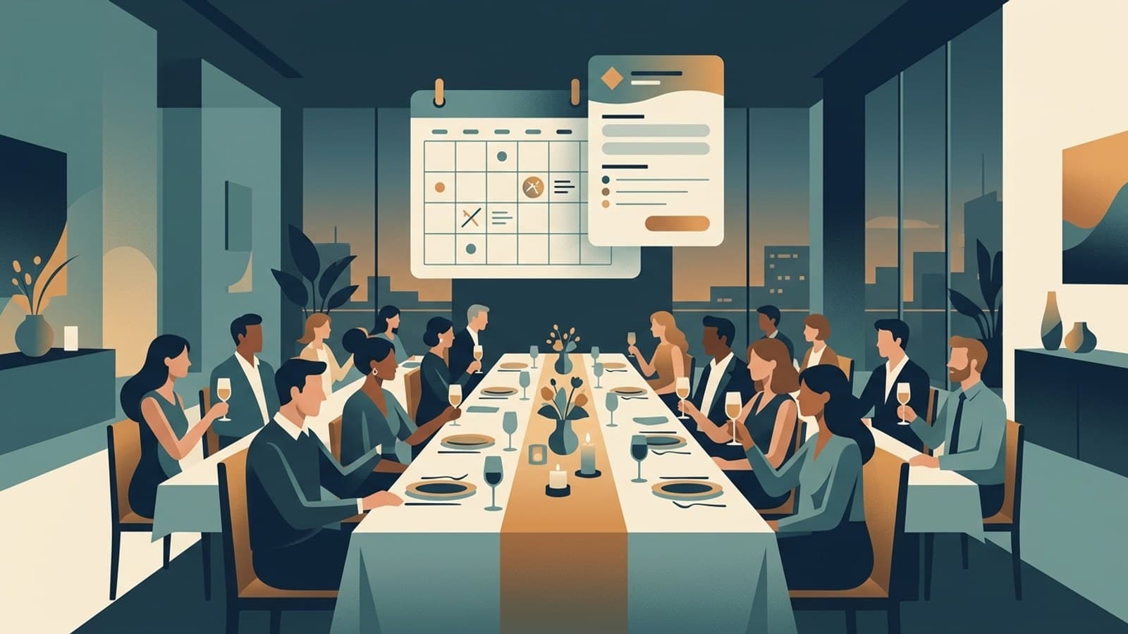 A long dinner table with a floating lead card and calendar motif, representing a private-event inquiry captured as a complete lead