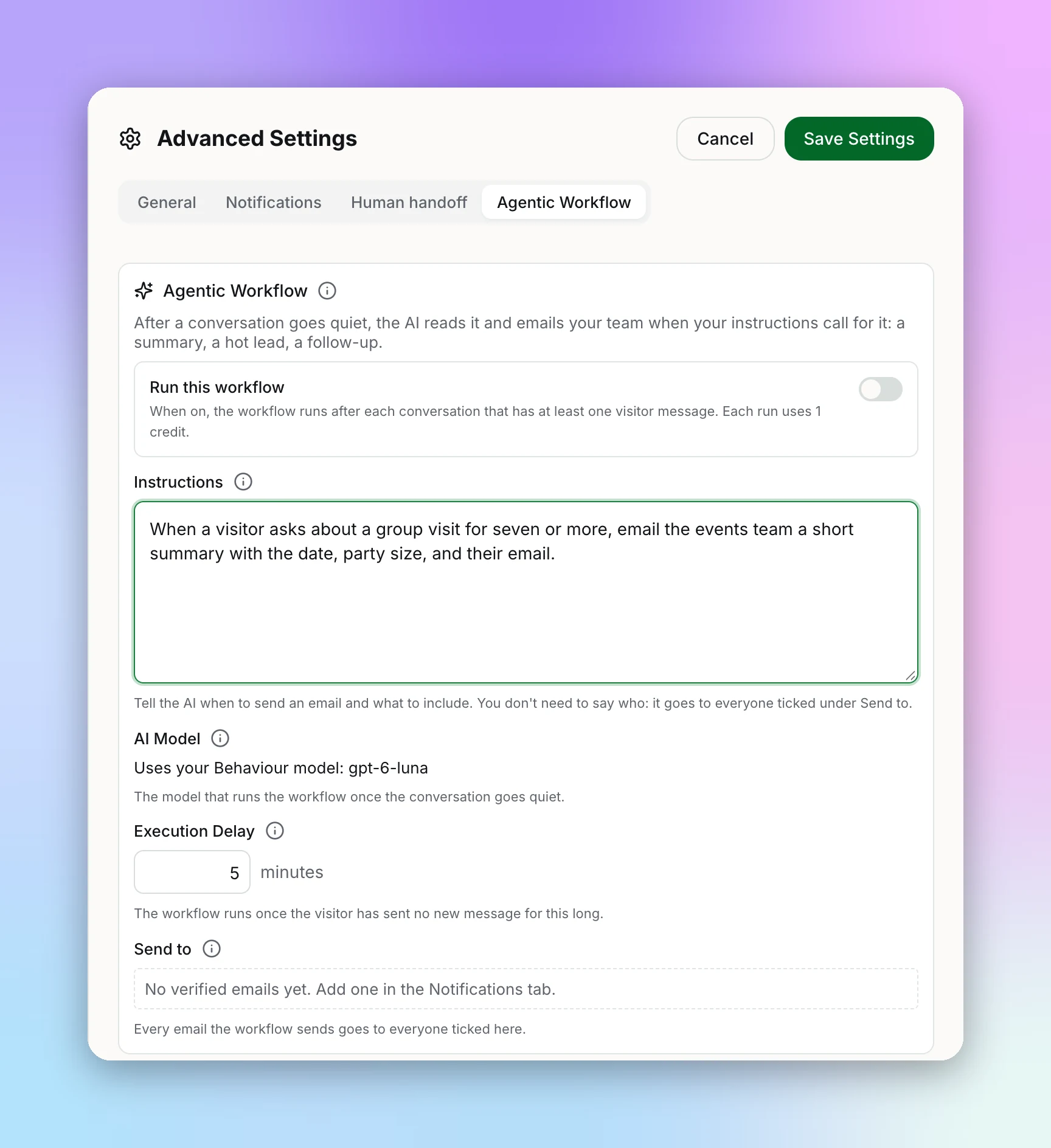 Agentic Workflow tab with the Run this workflow switch noting each run uses 1 credit, Instructions, AI Model, Execution Delay, and Send to