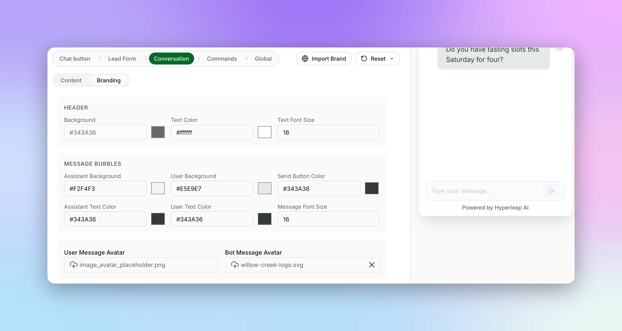 Conversation Branding view with Header colors, Message Bubbles colors and font size, and User and Bot message avatars