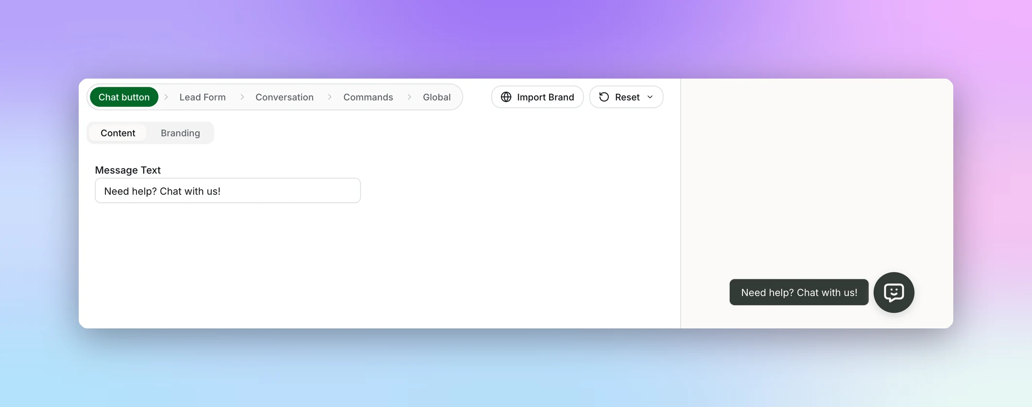 Chat button Content view with the Message Text field and the launcher preview on the right