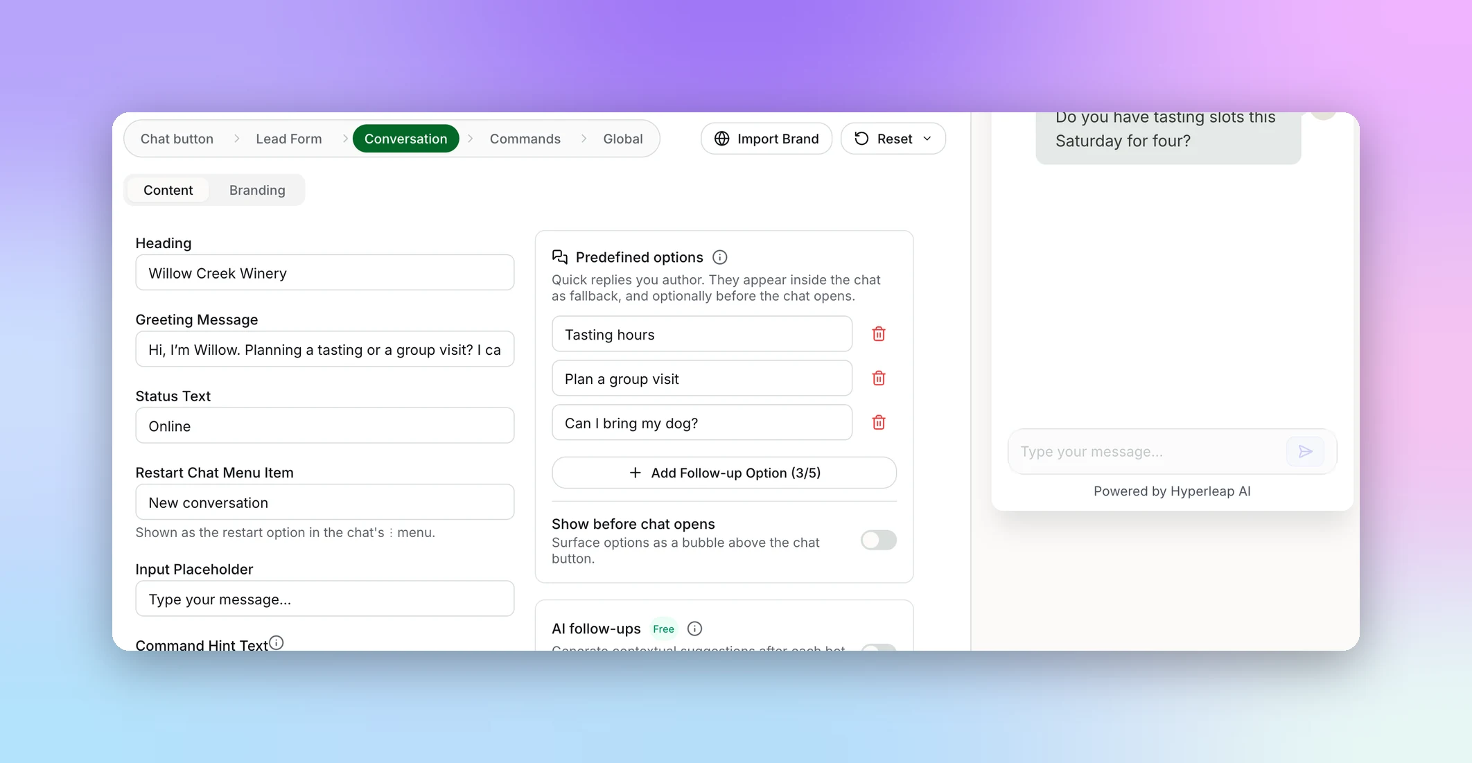 Conversation Content view with Heading, Greeting Message, Status Text, Restart Chat Menu Item, Input Placeholder, Predefined options, and AI follow-ups