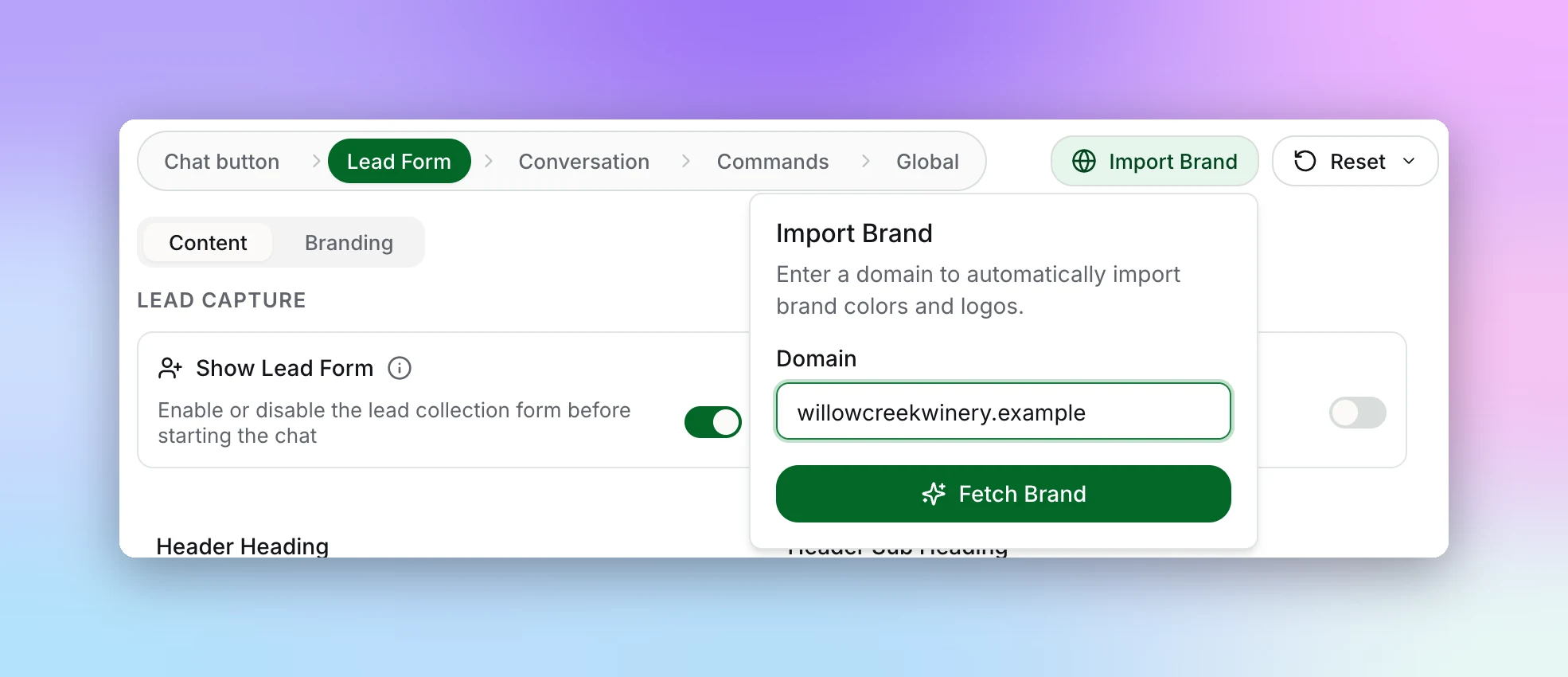 Import Brand popover on the Design tab with a Domain field and a Fetch Brand button