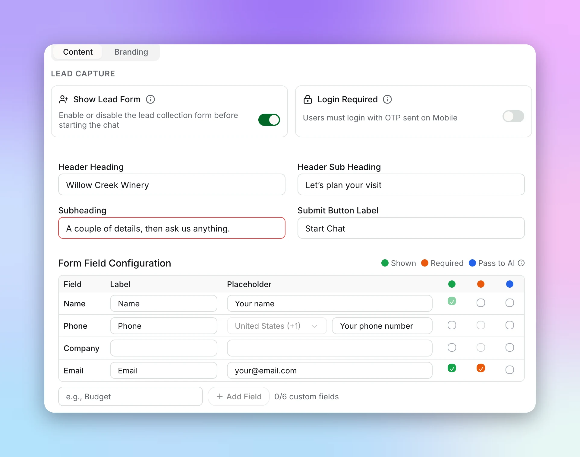 Lead Form Content view with the Lead Capture switches, heading fields, and the form field table with Shown, Required, and Pass to AI columns