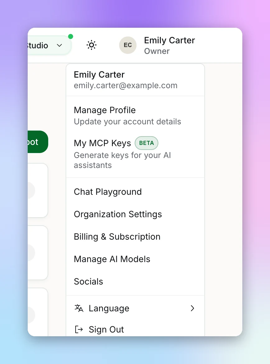 Profile menu with Manage Profile, My MCP Keys, Organization Settings, Language, and Sign Out
